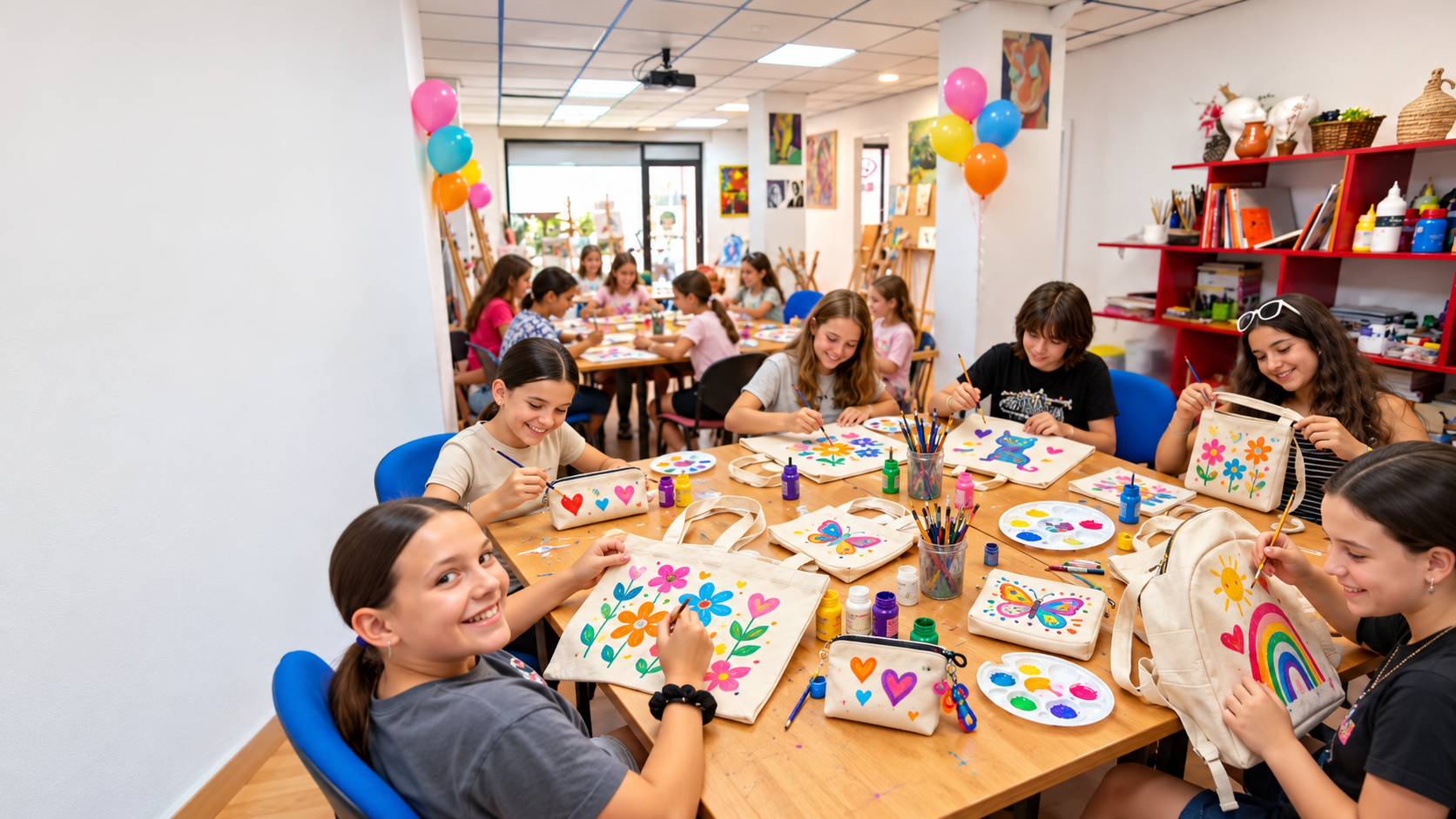Niños y niñas decoran bolsas y accesorios textiles en un cumpleaños creativo en Granada