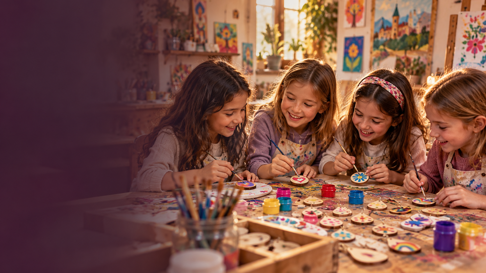 Taller de pintura de pendientes y collares de madera en cumpleaños